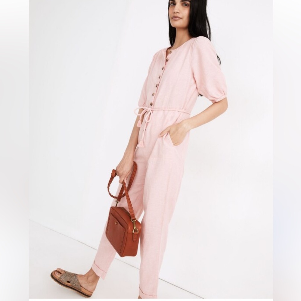 Madewell Linen Blend Pink Jumpsuit Button Front Puff Sleeve, Small